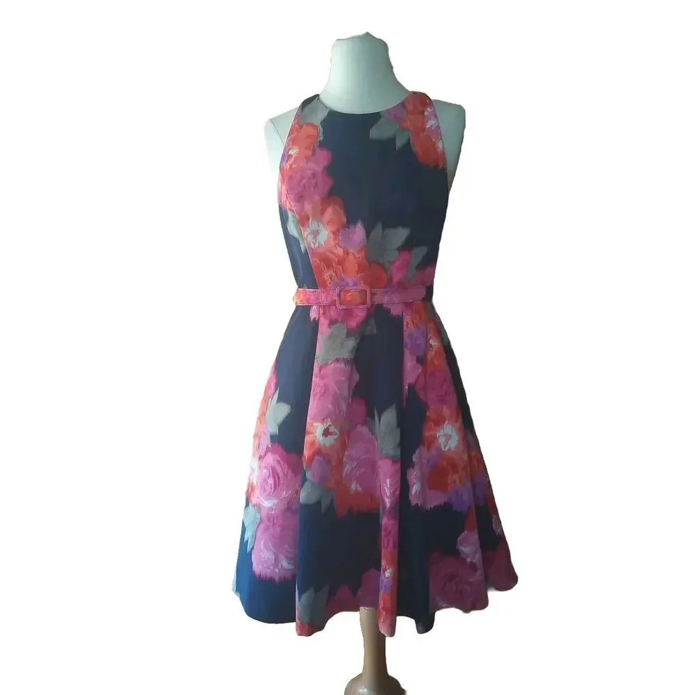 Eliza J Floral Floral Dress Sz 6‎ Navy Pink Belted Pockets Easter Spring